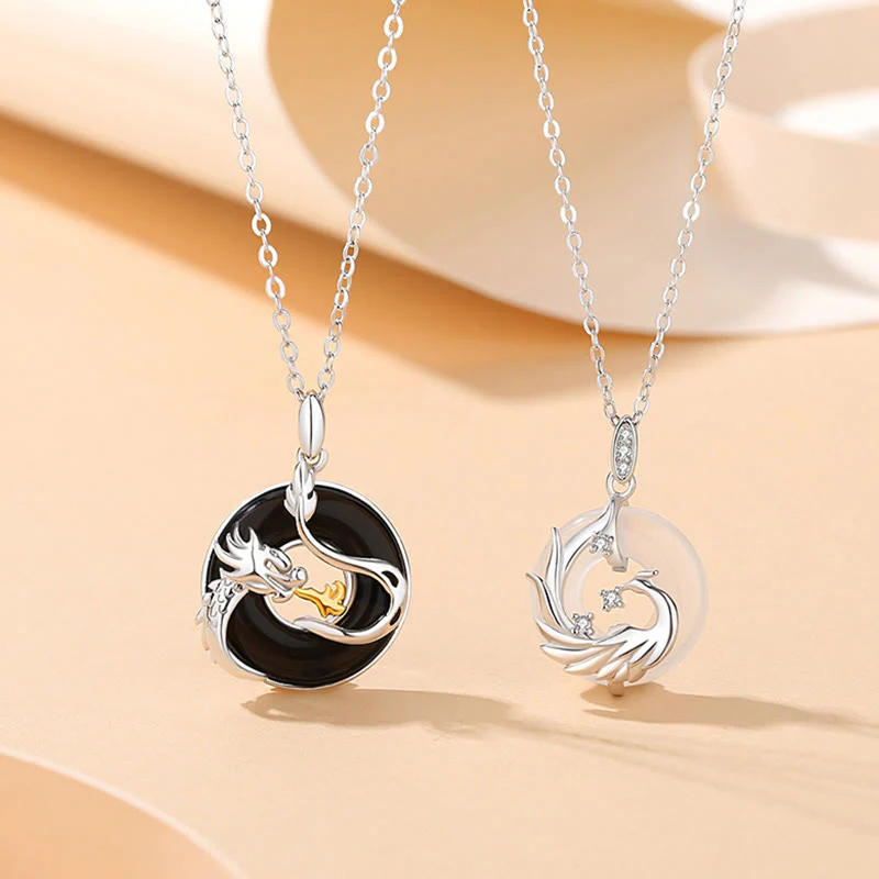 Mocoer 925 Sterling Silver Year of the Dragon Natural Black Onyx Chalcedony Dragon Phoenix Peace Buckle Protection Necklace Pendant - Mocoer
