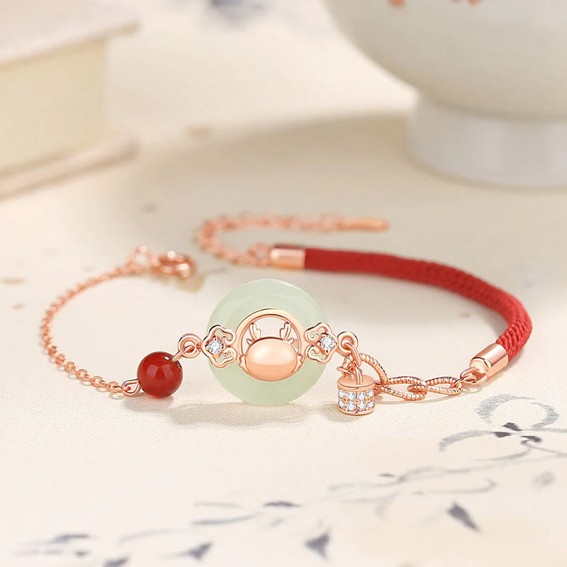 Mocoer 925 Sterling Silver Year of the Dragon Natural Hetian Jade Zircon Peace Buckle Protection Bracelet Necklace Pendant - Mocoer