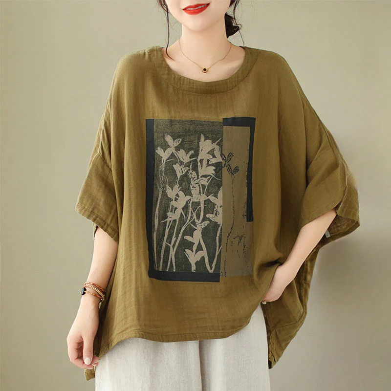 Mocoer Casual Flower Prints Women's Crew Neck Design Half Sleeve Cotton Spandex T-shirt - Mocoer