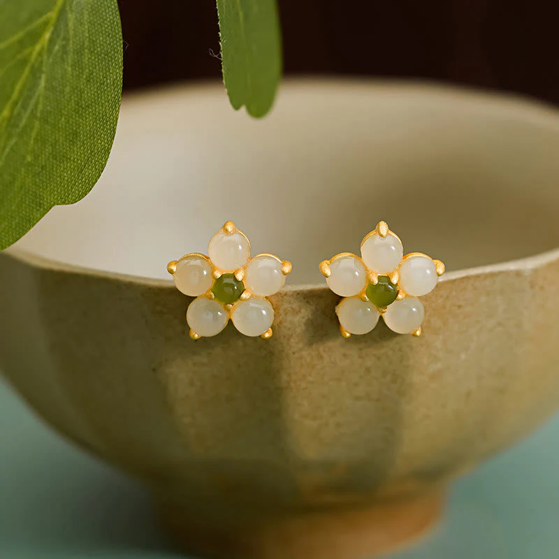 Mocoer 925 Sterling Silver Hetian Jade Luck Flower Stud Earrings - Mocoer