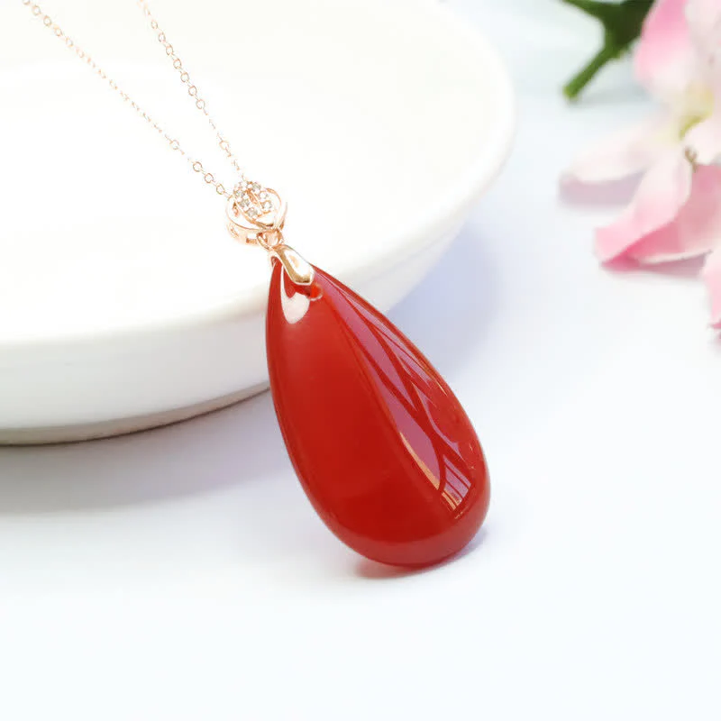Mocoer 925 Sterling Silver Waterdrop Red Agate Confidence Necklace Pendant - Mocoer