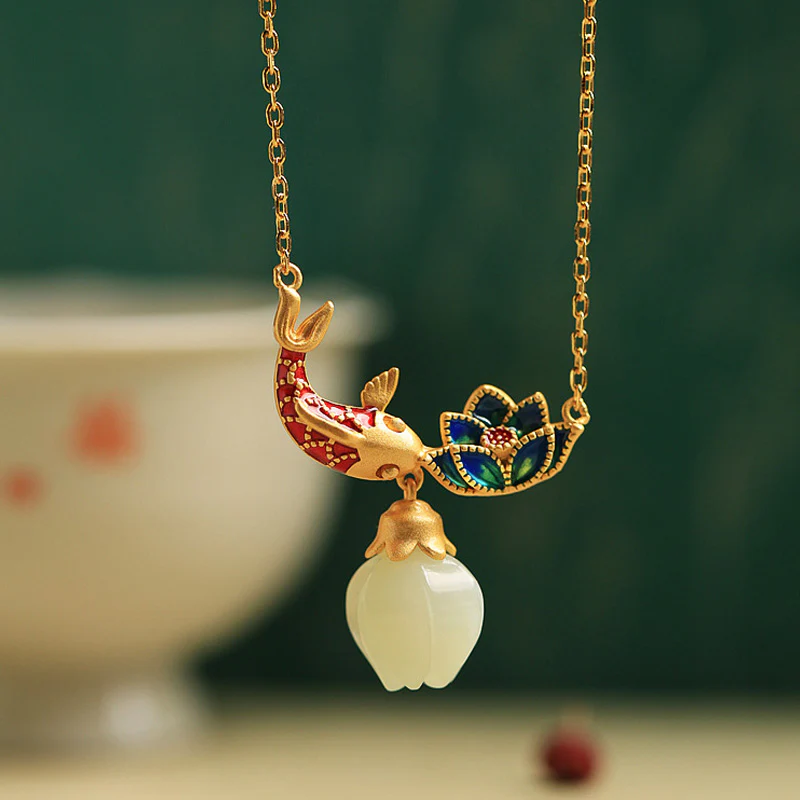 Mocoer 925 Sterling Silver White Jade Koi Fish Lotus Protection Necklace Pendant - Mocoer