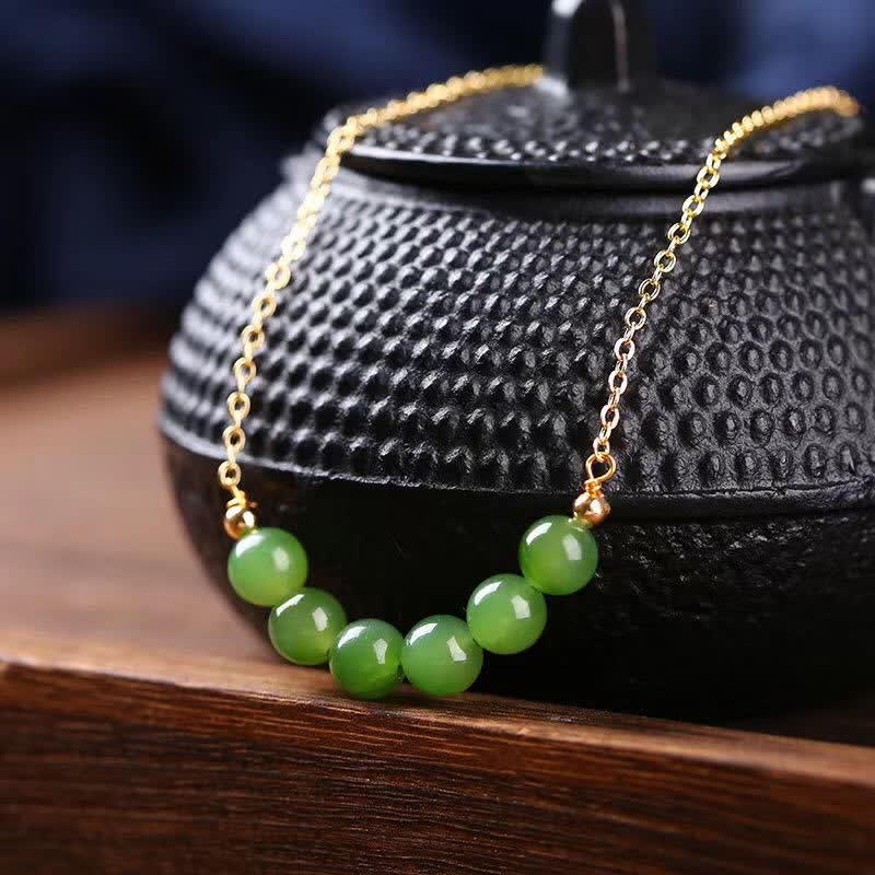 Mocoer 14k Gold Plated Hetian Cyan Jade Beaded Luck Necklace Pendant - Mocoer