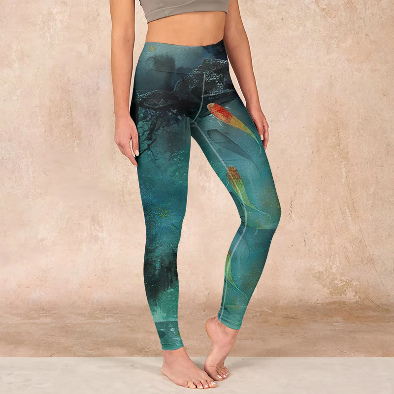 Mocoer Pond Koi Fish Rocks Print Sports Leggings Women's Yoga Pants - Mocoer