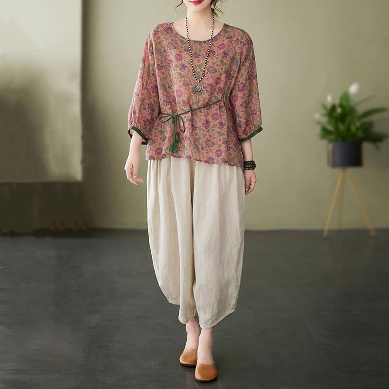 Mocoer 2Pcs Small Flower Tee T-shirt Cotton Linen Harem Pants Set - Mocoer