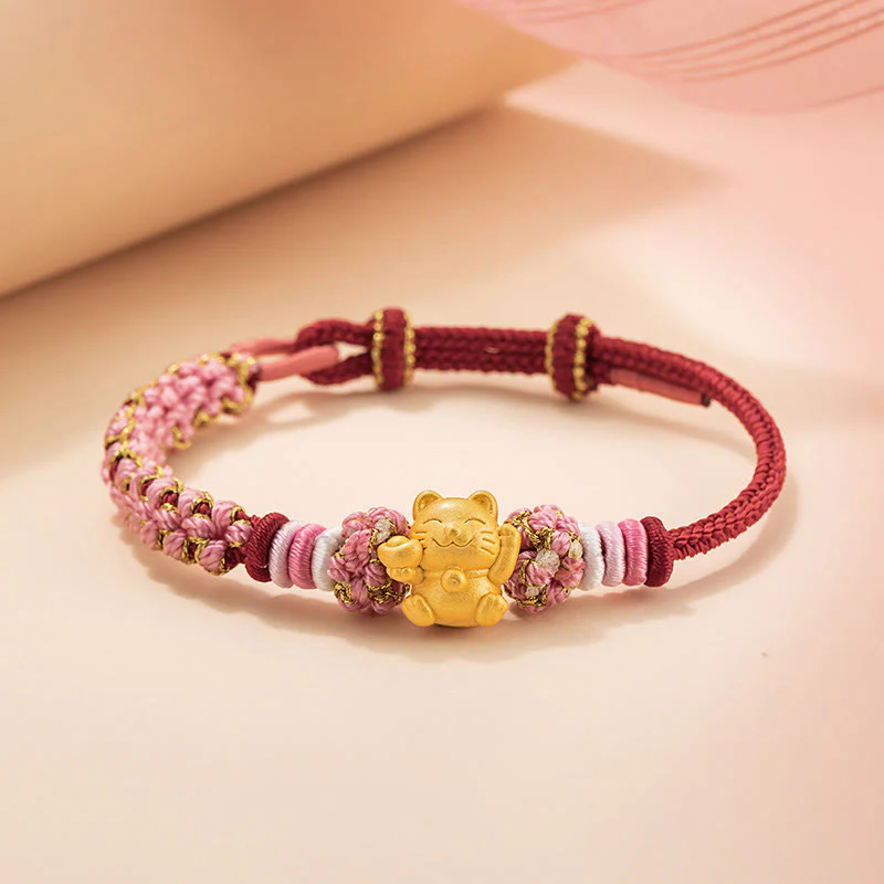 Mocoer Handmade 999 Sterling Silver Fortune Cat Ingot Peach Blossom Luck Red Rope Bracelet - Mocoer