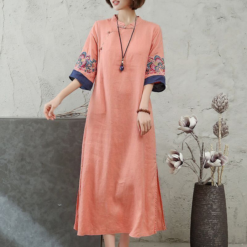 Mocoer Embroidery Frog-Button Half Sleeve Cotton Linen Women's Maxi Dress With Pockets - Mocoer