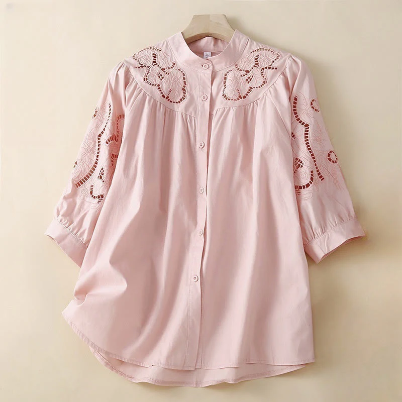 Mocoer Casual Embroidery Flower Hole Design Three Quarter Sleeve Cotton Linen Women's Shirt - Mocoer