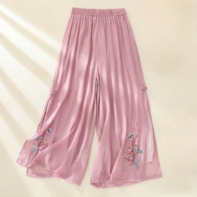 Mocoer Artistic Embroidery Flower Double Layer Chinese Frog Button Split Cotton Linen Women's Wide Leg Pants - Mocoer