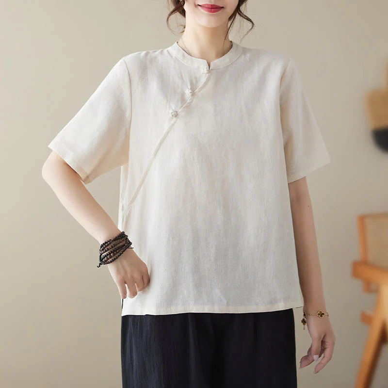 Mocoer Solid Color Frog-Button Short Sleeve Cotton Linen Shirt - Mocoer