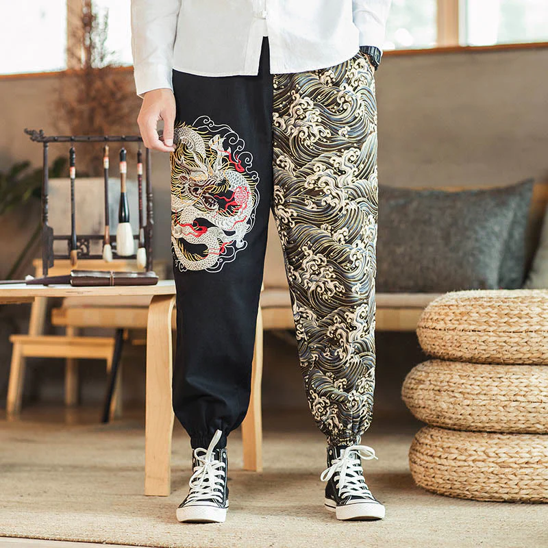 Mocoer Dragon Pattern Two-tone Men's Pants With Pockets - Mocoer