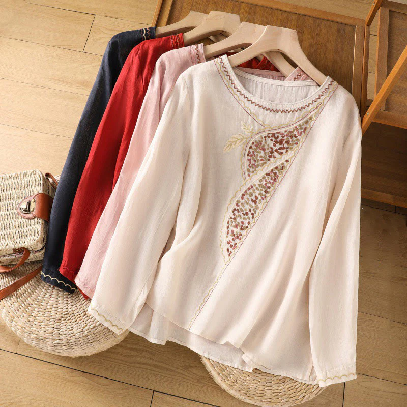 Mocoer Ethnic Embroidery Crew Neck Cotton Linen Pullover Clothing - Mocoer