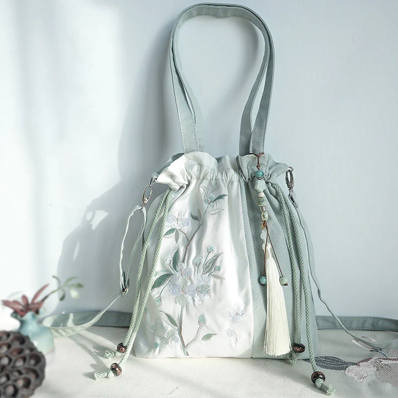 Mocoer Embroidered Green Pear Blue Epiphyllum Canvas Tote Crossbody Bag Shoulder Bag Handbag - Mocoer