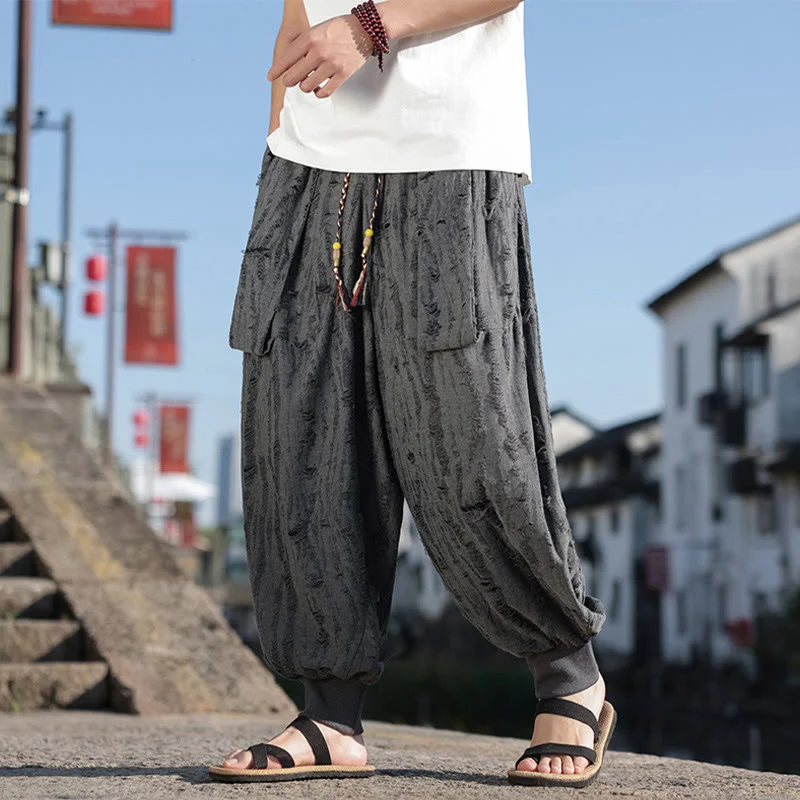 Mocoer Solid Color Hole Design Drawstring Cotton Men's Wide Leg Pants With Pockets - Mocoer