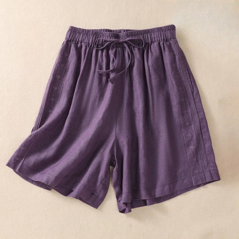 Mocoer Casual Floral Embroidery Pattern Drawstring Cotton Linen Women's Shorts With Pockets - Mocoer