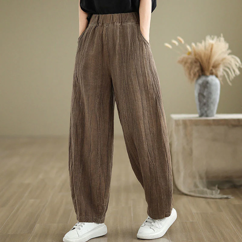 Mocoer Plain Color Wrinkled Design Elastic Waistband Cotton Linen Women's Pants With Pockets - Mocoer