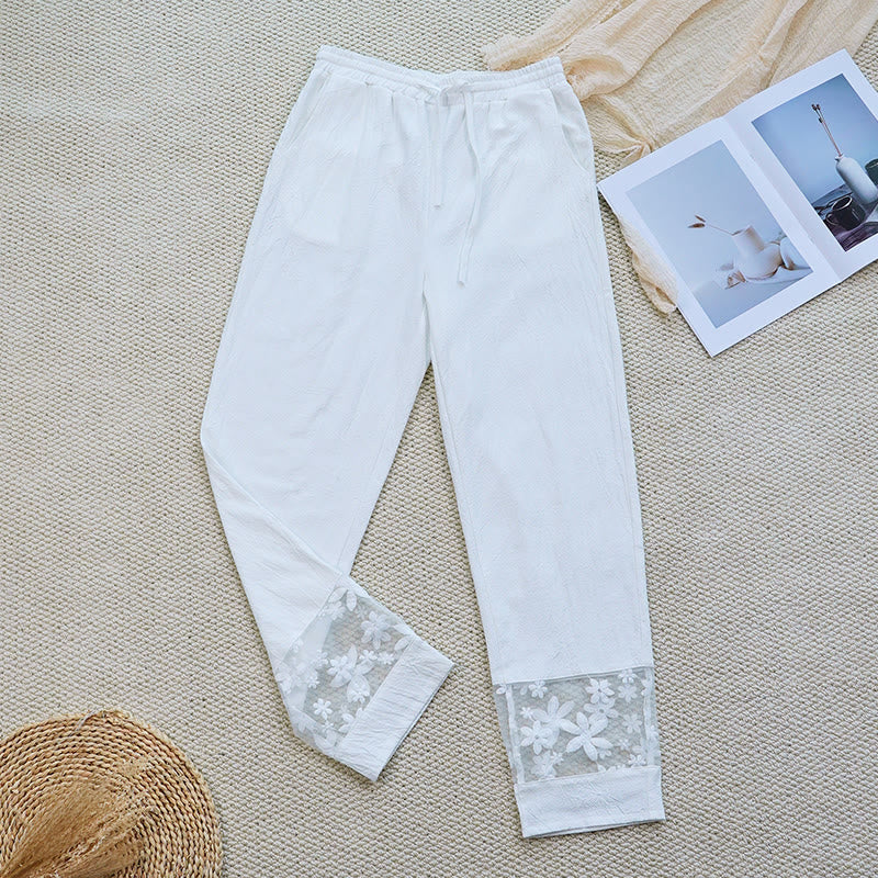 Mocoer Summer Daily FloralWhite Plain Patchwork Lace Design Cotton Linen Women's Pants With Pockets - Mocoer