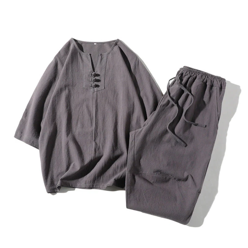 Mocoer 2Pcs Plain Notched Collar T-Shirt 7-8 Length Wide Leg Shorts With Pockets Cotton Linen Men's Meditation Cloth Set - Mocoer
