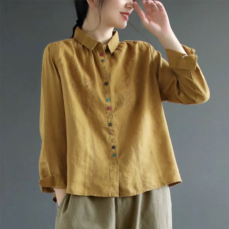 Mocoer Spring Embroidery Long Sleeve Colorful Button Label Cotton Linen Women's Shirt - Mocoer