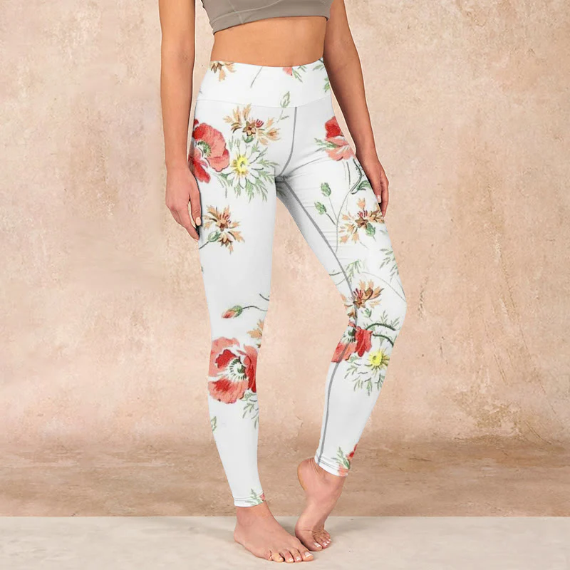 Mocoer White Daisy Red Flower Print Sports Leggings Women's Yoga Pants - Mocoer