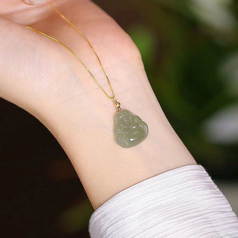 Mocoer 925 Sterling Silver Natural Hetian Jade Cyan Jade Luck Laughing Buddha Butterfly Necklace Pendant - Mocoer