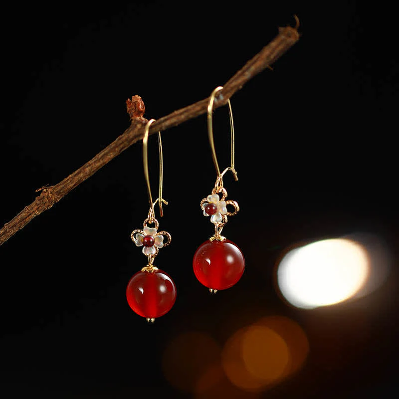 Mocoer 925 Sterling Silver Red Agate Flower Beaded Confidence Earrings - Mocoer