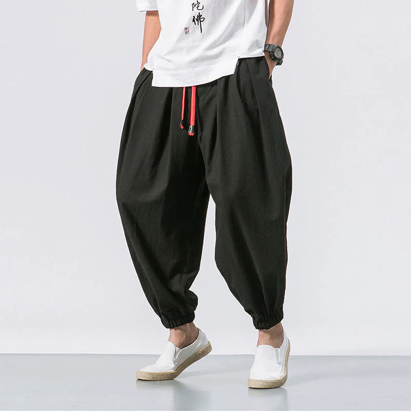 Mocoer Casual Sports Men's Solid Color Cotton Linen Drawstring Pants With Pockets - Mocoer