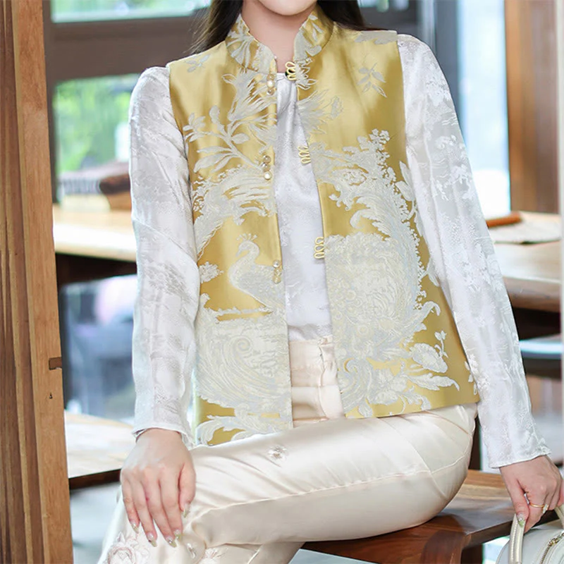 Mocoer Peacock Flower Pattern Tang Suit Design Vest Jacket - Mocoer