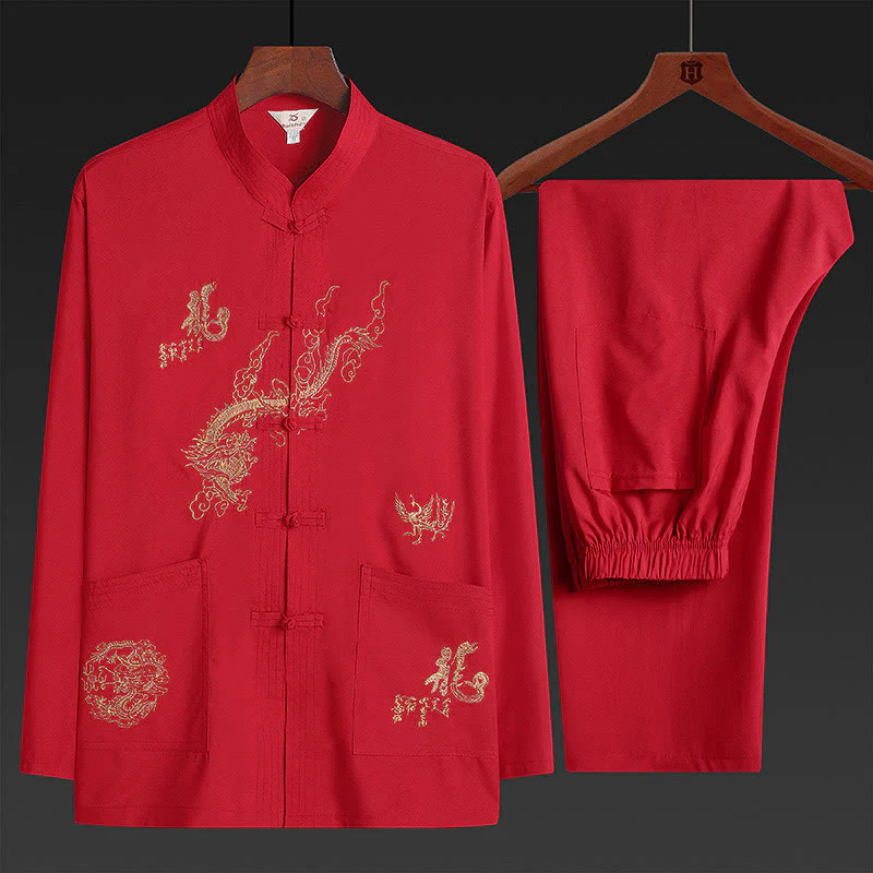 Mocoer Chinese New Year Embroidered Dragon Frog-button Tang Suit Hanfu Traditional Uniform Long Sleeve Top Pants Clothing Men's Set - Mocoer