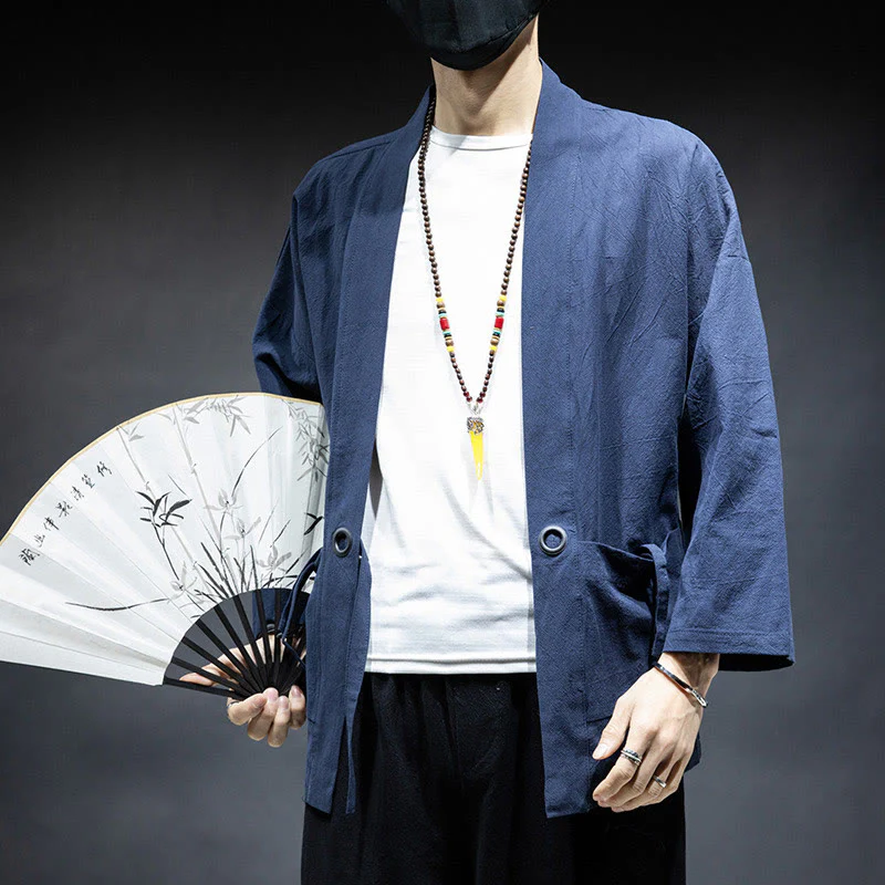 Mocoer Solid Color Lace-up Open Front Jacket Cotton Men's Kimono - Mocoer