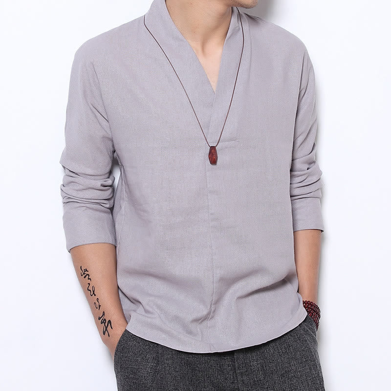 Mocoer Casual V-Neck Long Sleeve Shirt Linen Men Clothing - Mocoer