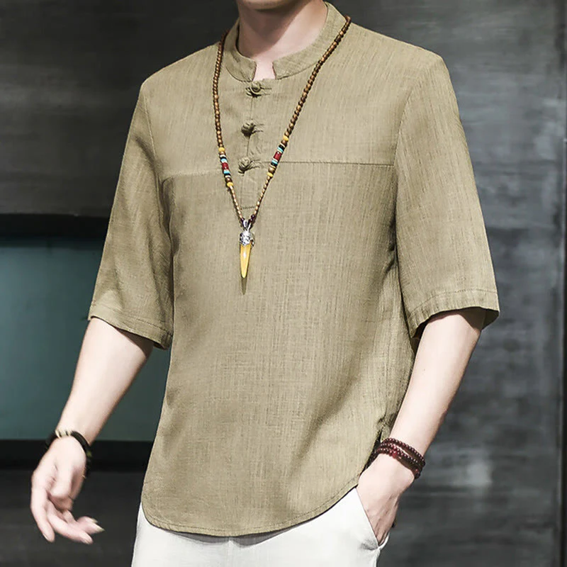 Mocoer Casual Vintage Chinese Frog-Button Men's Half Sleeve Cotton Linen T-Shirt - Mocoer