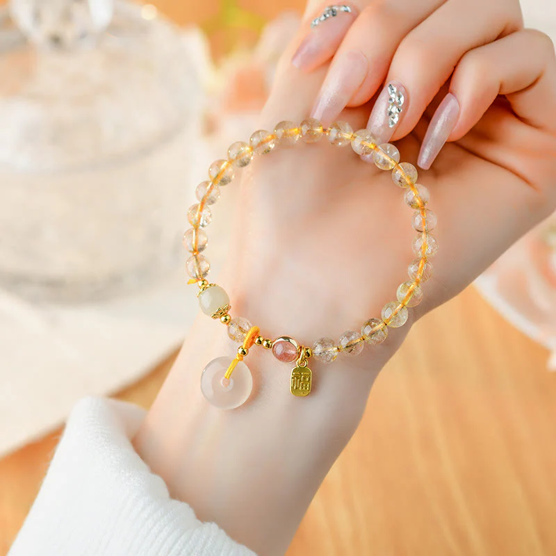 Mocoer Natural Golden Rutilated Quartz Fu Character Peace Buckle Charm Wealth Bracelet - Mocoer