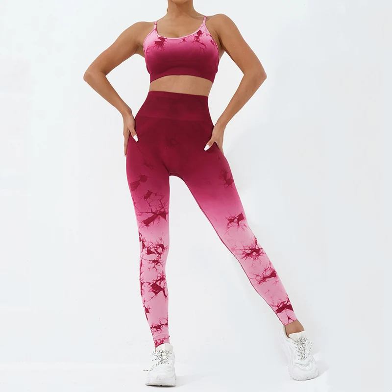 Mocoer 2Pcs Simple Tie Dye Print Crop Tank Top High Waist Pants Sports Gym Outfits Women's Yoga Sets - Mocoer