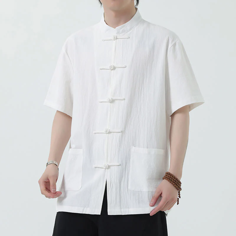 Mocoer Frog-Button Chinese Tang Suit Short Sleeve Shirt Linen Men Clothing With Pockets - Mocoer