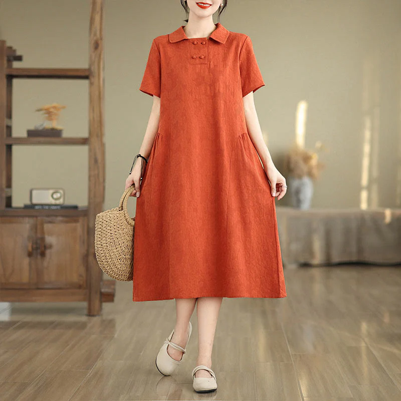 Mocoer Plain Jacquard Design Short Sleeve Cotton Linen Midi Dress With Pockets - Mocoer