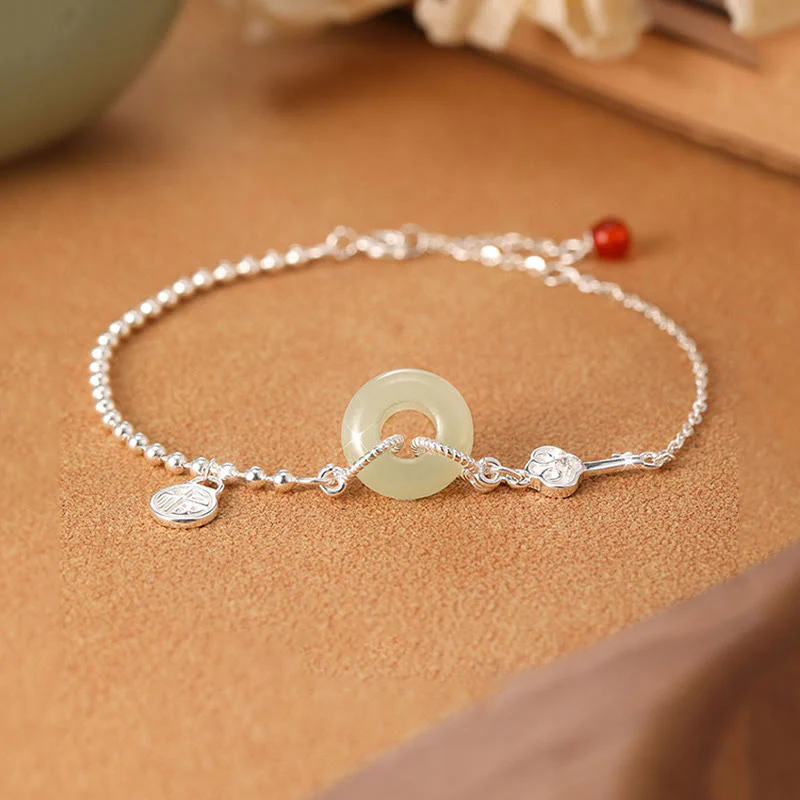 Mocoer 925 Sterling Silver Hetian Jade Peace Buckle Fu Character Luck Chain Bracelet - Mocoer
