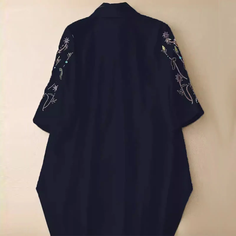 Mocoer Summer Solid Color Embroidery Plants Flower Three Quarter Sleeve Lapel Button Cotton Women's Shirt - Mocoer