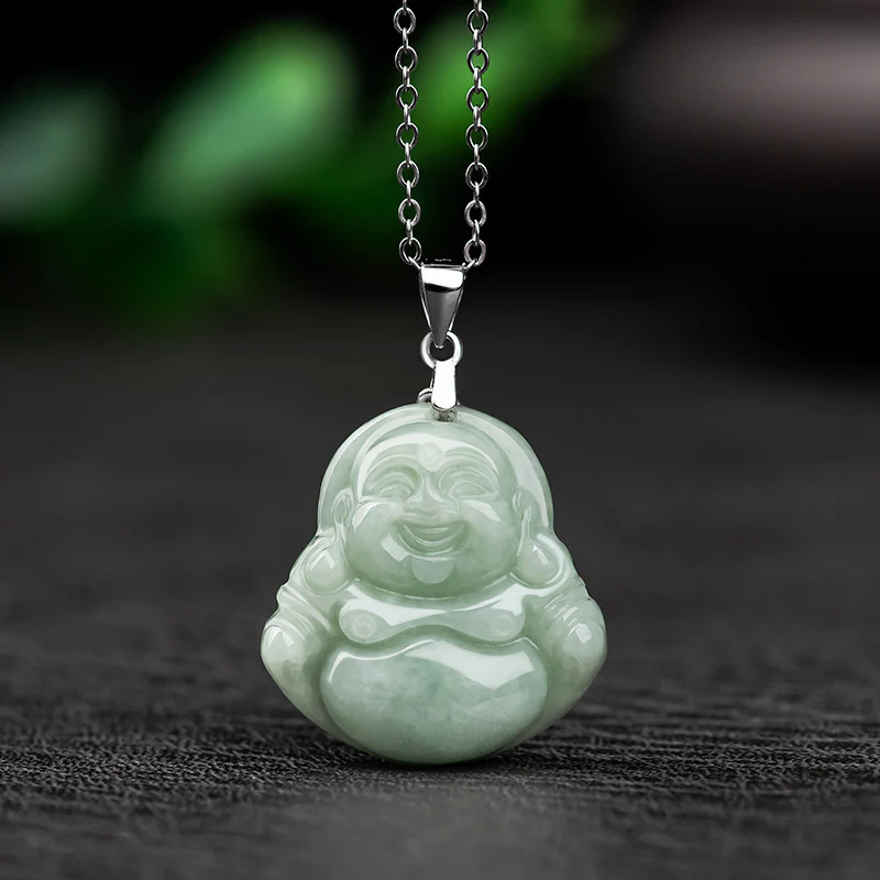 Mocoer 925 Sterling Silver Laughing Buddha Jade Blessing Necklace Chain Pendant - Mocoer