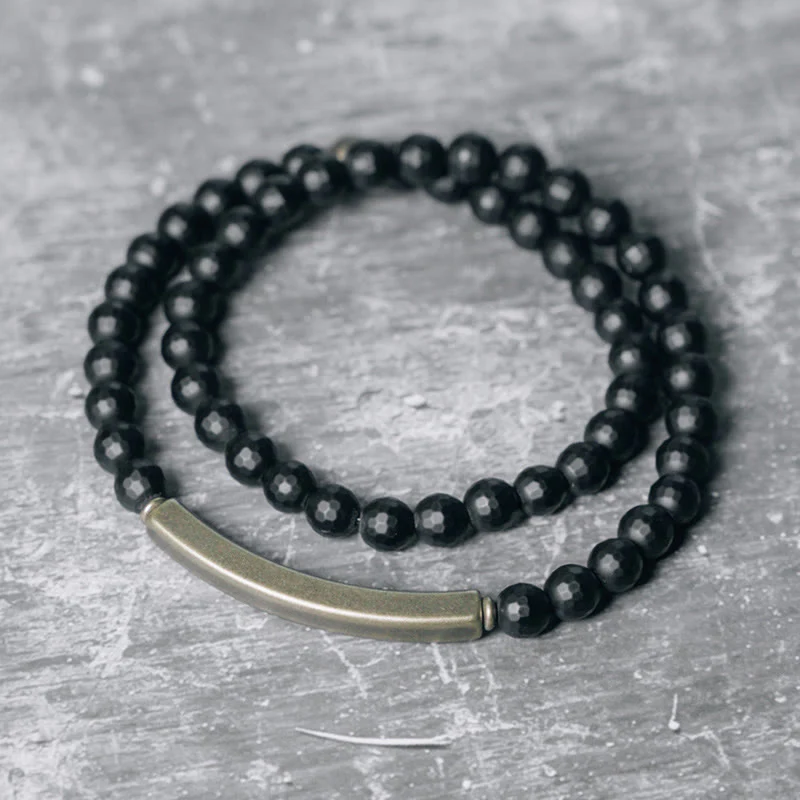Mocoer Frosted Cut Surface Black Onyx Copper Brass Double Wrap Protection Bracelet - Mocoer