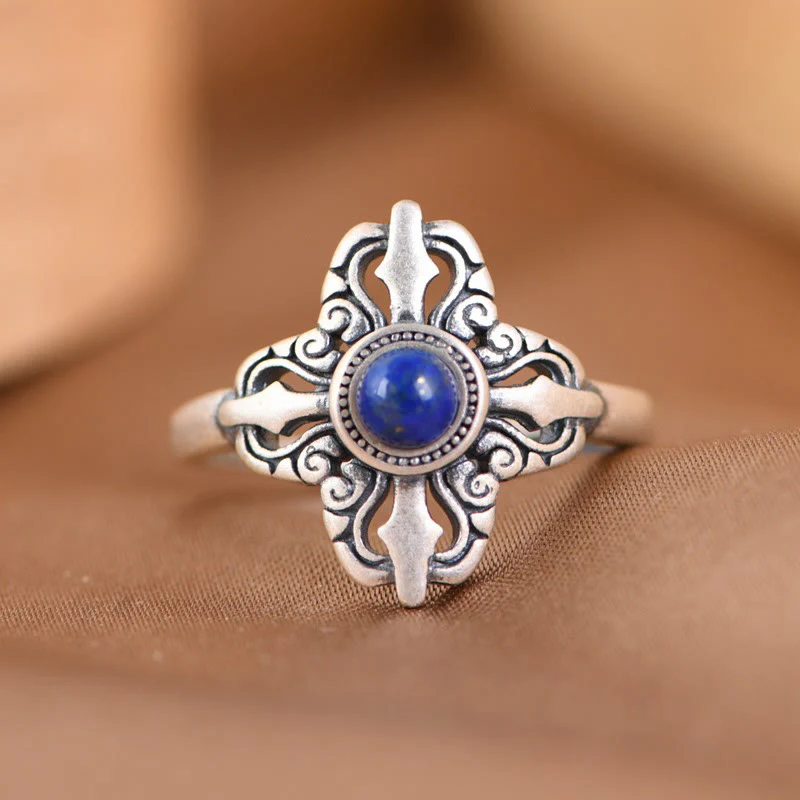 Mocoer Tibet 925 Sterling Silver Natural Lazurite Positive Adjustable Ring - Mocoer