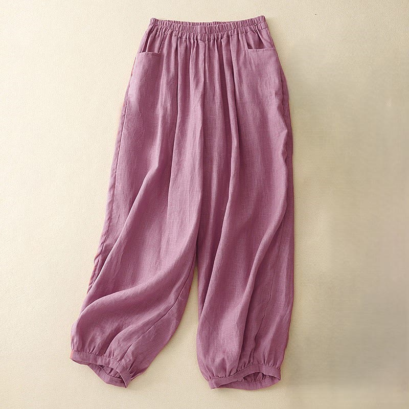 Mocoer Casual Plain Solid Color Linen Women's Pants With Pockets - Mocoer