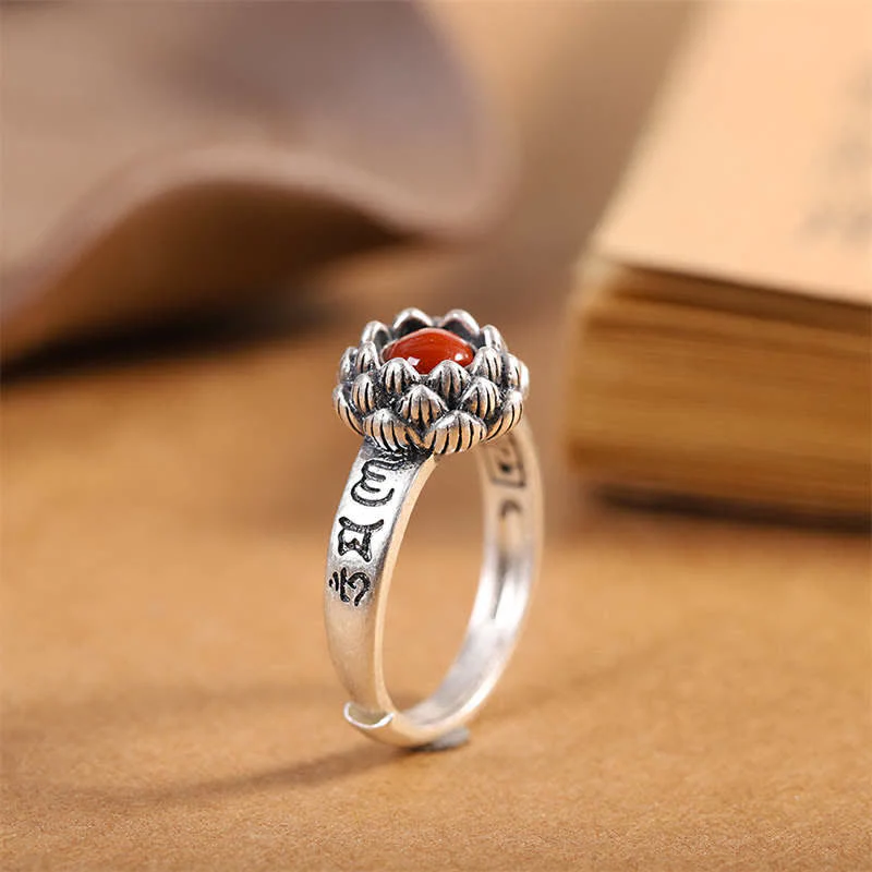 Mocoer 925 Sterling Silver Lotus Red Agate Confidence Blessing Ring - Mocoer