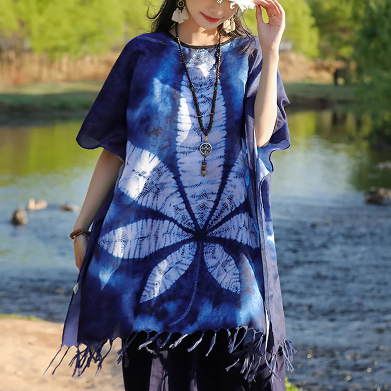Mocoer Blue Batik Shawl Tassels Maple Leaf Cozy Travel Pullover 95*90cm - Mocoer
