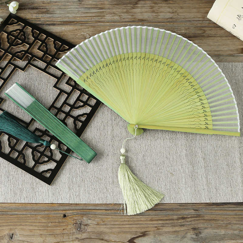 Mocoer Solid Color Dragonfly Tassel Handheld Mulberry Silk Bamboo Folding Fan - Mocoer