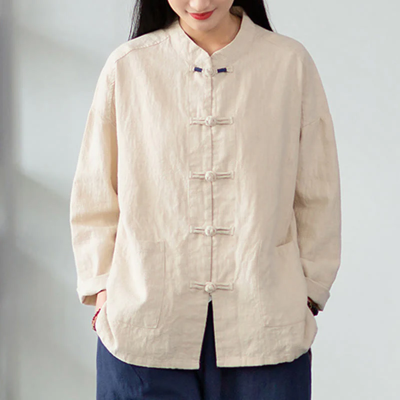 Mocoer Solid Color Frog-button Long Sleeve Linen Women's Shirts With Pockets - Mocoer