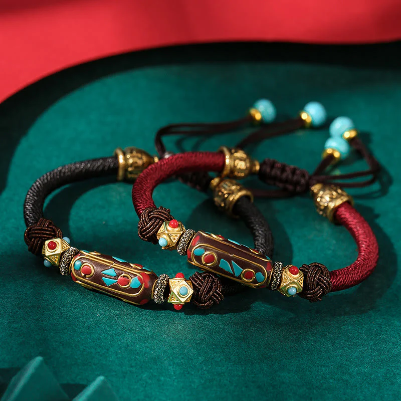 Mocoer Handmade Tibetan Turquoise Om Mani Padme Hum Strength Braided Bracelet - Mocoer