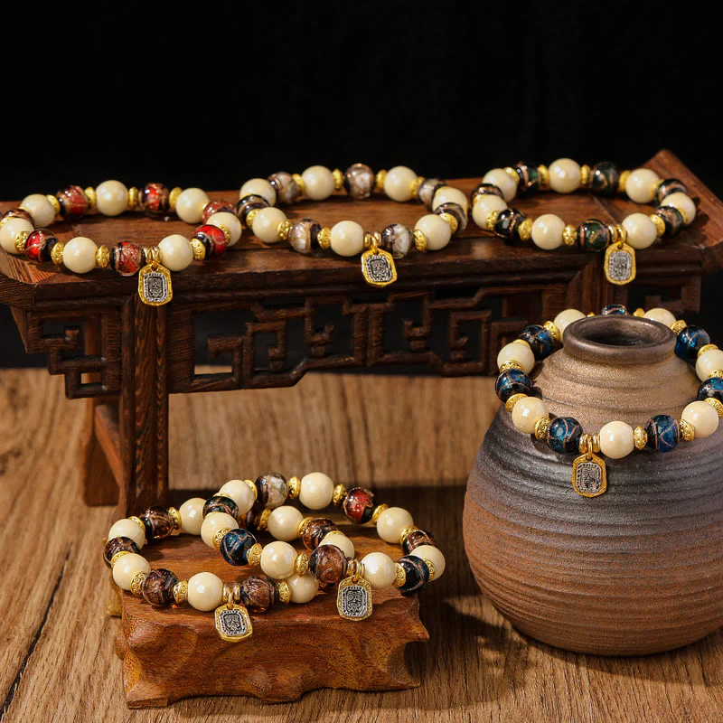 Mocoer Tibetan Zakiram Goddess of Wealth Charm Liuli Glass Incense Ash Porcelain Bead Protection Bracelet - Mocoer