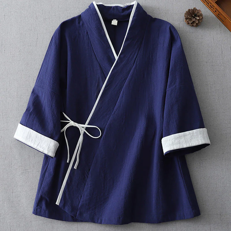 Mocoer Casual Color Stitching V-Neck Three Quarter Sleeve Zen Cotton Linen Women's Shirt - Mocoer