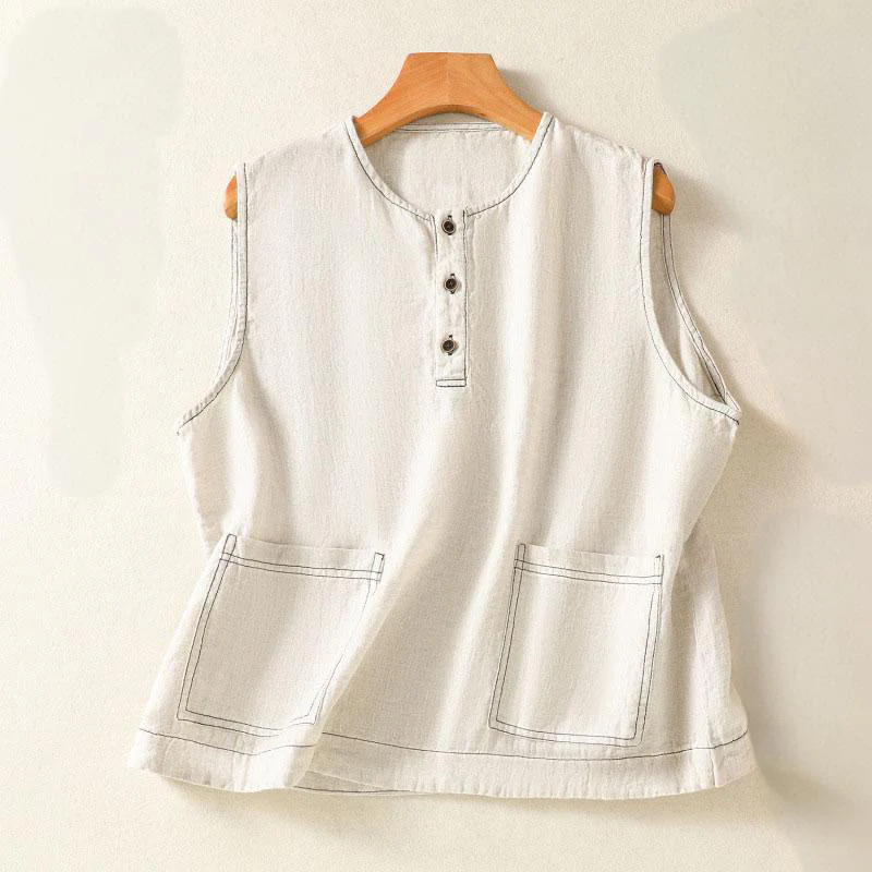 Mocoer Casual Contrast Stitching Women's Cotton Linen Vest Waistcoat With Pockets - Mocoer